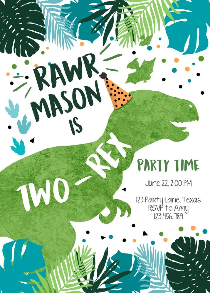 Two-Rex Dinosaur 2nd Birthday Invitation Canva Template | Boy Blue Green RAWR