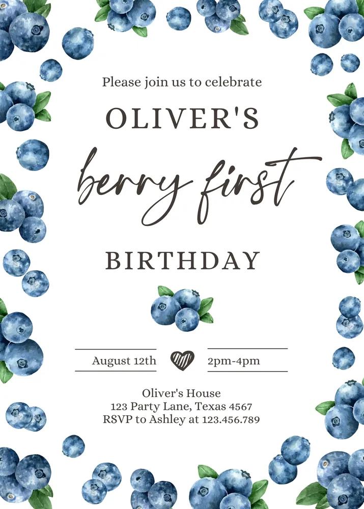 Blueberry 1st Birthday Invitation | Boy First Birthday Canva Template Printable