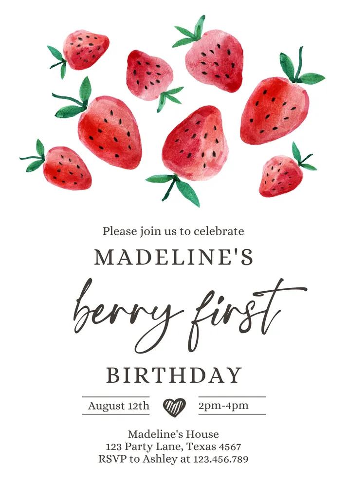 Editable Strawberry 1st Birthday Invitation | Berry Sweet Girl Canva Template