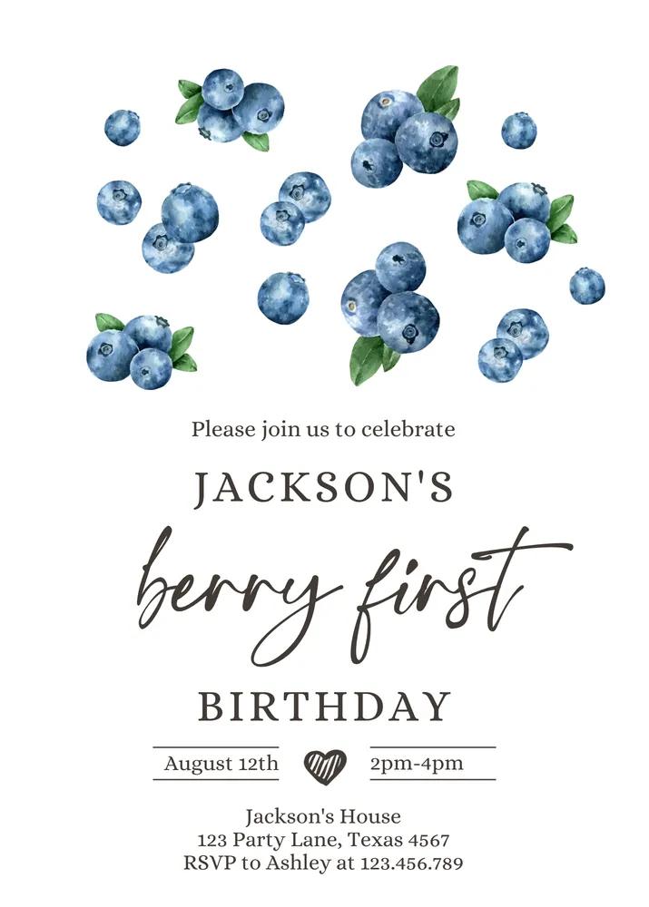 Blueberry 1st Birthday Invitation | Berry Sweet Boy Canva Template