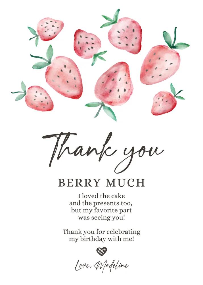 Strawberry First Birthday Thank You Card | Editable Canva Template