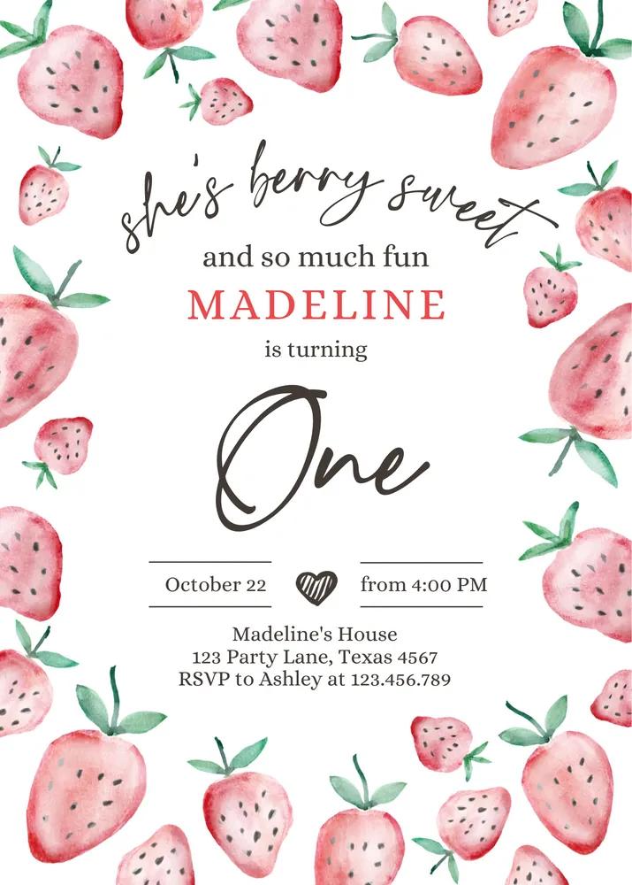 Strawberry 1st Birthday Invitation | Berry Sweet Girl Canva Template