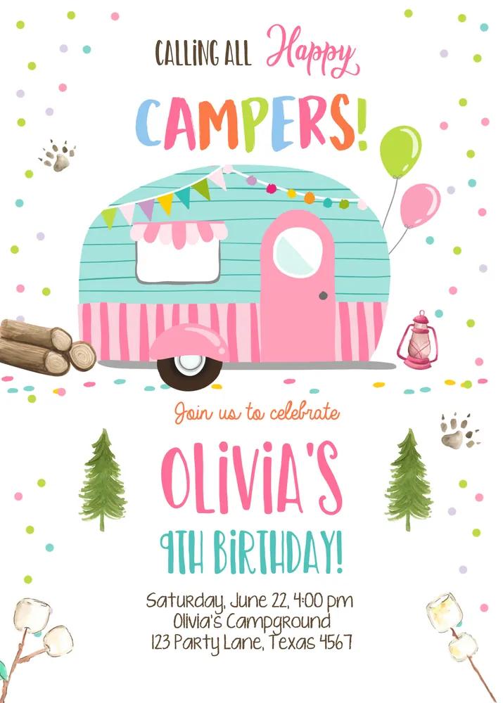 Pink Camping Birthday Invitation Canva Template, Girl Glamping Party Invite