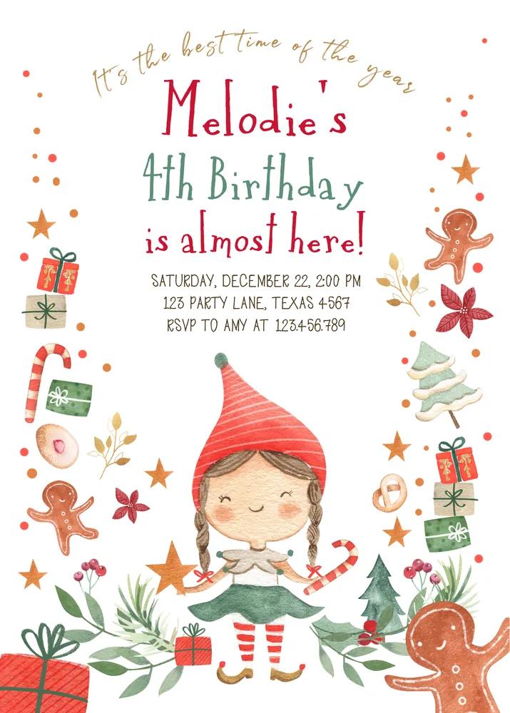 Pink Gold Elf Christmas Birthday Invitation Canva Template Girl Winter Birthday