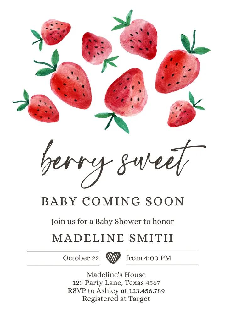 Strawberry Baby Shower Invitation, Editable Canva Template, Berry Sweet Girl