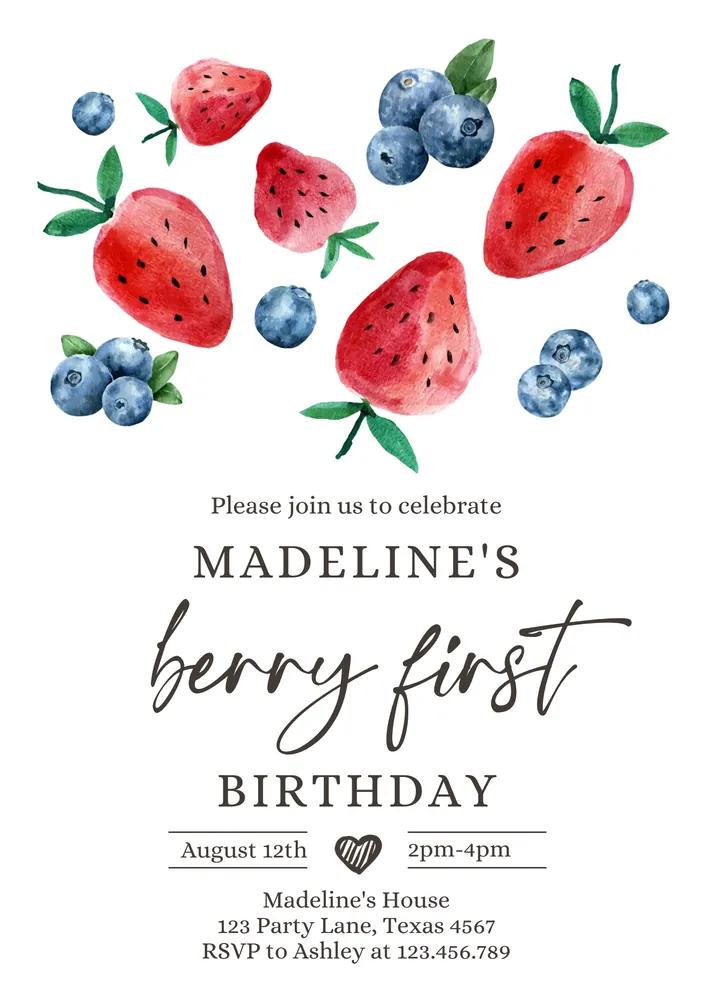 Berry Sweet Birthday Invitation | Editable Canva Twin Blueberry Strawberry Party