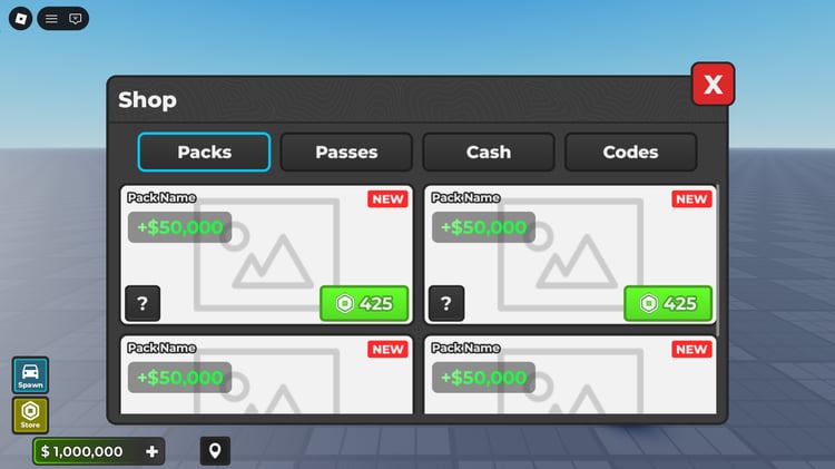 Roblox vehicle shop and spawn interface
