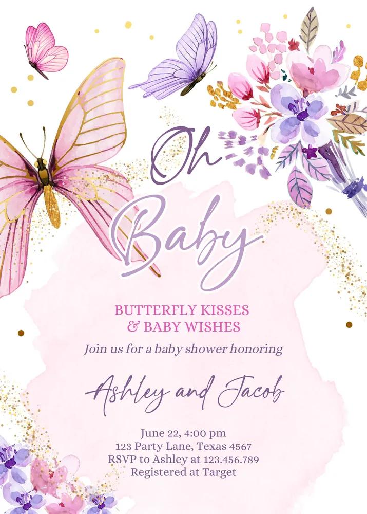 Purple Butterfly Baby Shower Invite | Editable Canva Floral Girl Invitation