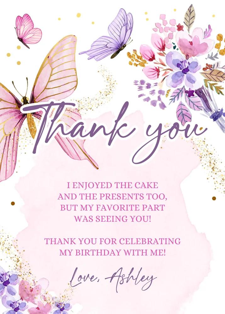 Butterfly Thank You Card Pink Floral Girl Baby Shower Birthday Canva Template