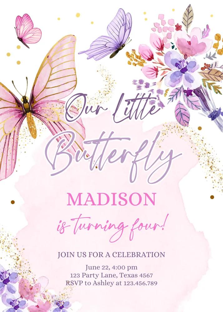 Butterfly Birthday Invitation Canva Template | Purple Floral 1st Birthday Invite