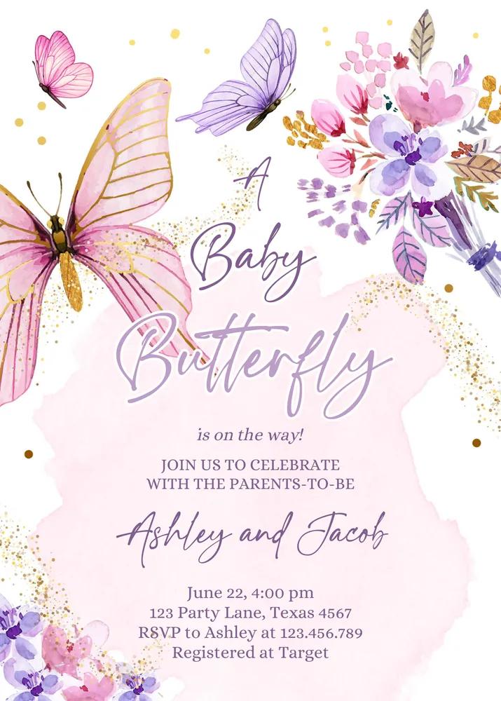 Butterfly Baby Shower Invitation Purple Gold Floral Girl Canva Template