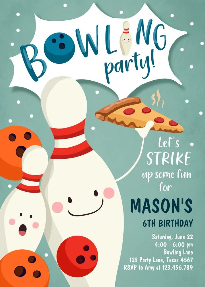 Boy Bowling Birthday Invitation Canva Template, Blue Orange Pizza Party Invite