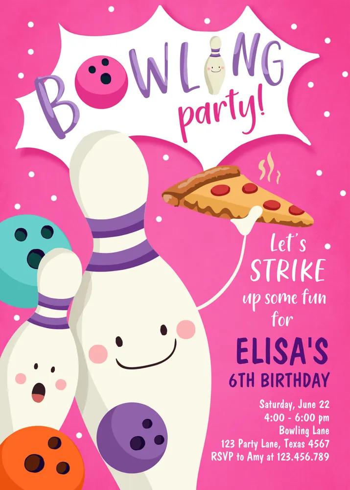 Girl Bowling Birthday Invitation Canva Template - Pink Purple Strike Up Some Fun