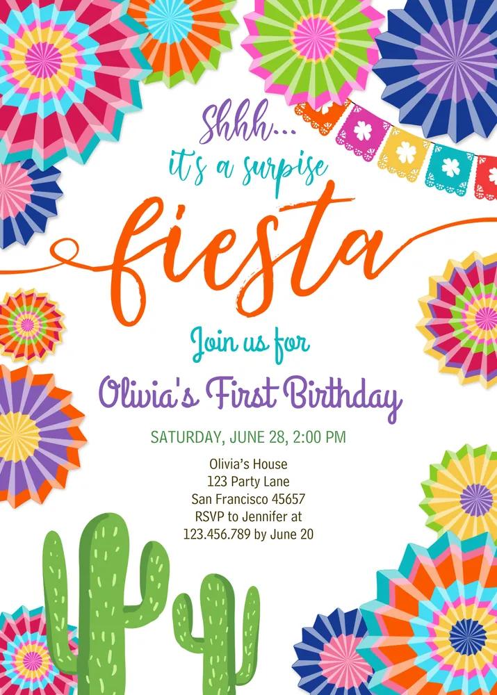 Surprise Fiesta Birthday Invitation Girl Cactus Editable Canva Template