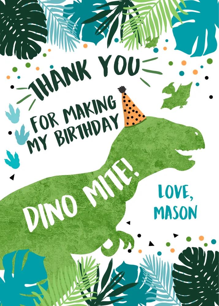 Dinosaur Birthday Thank You Card Template - Green Gold T-Rex Photo Invite