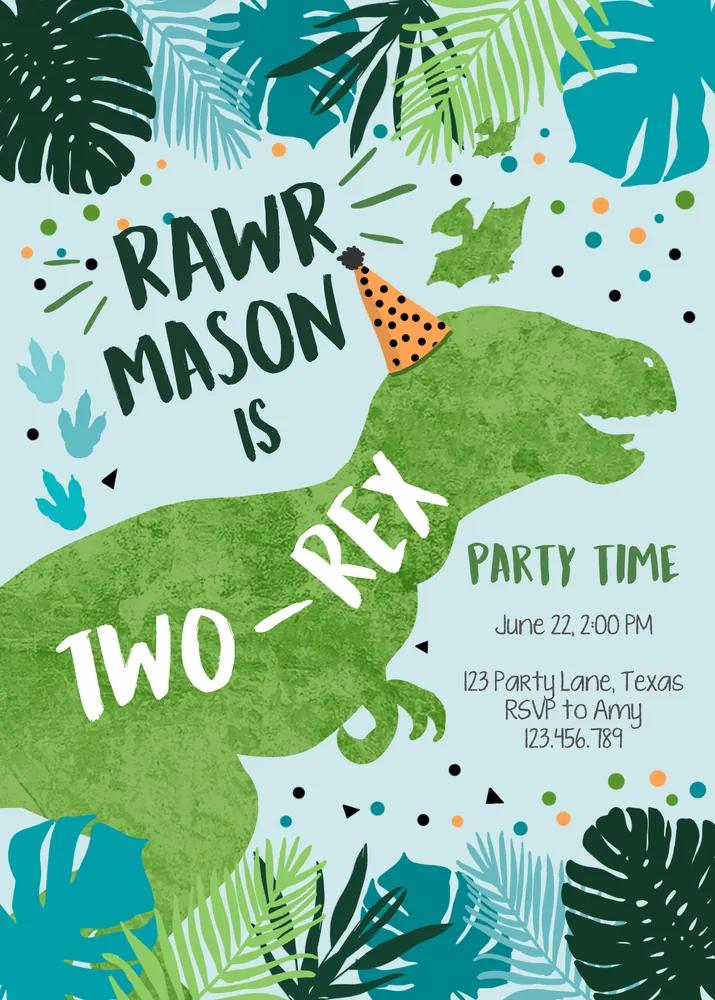 Two-Rex Dinosaur 2nd Birthday Invitation Canva Template | Boy Blue Green RAWR
