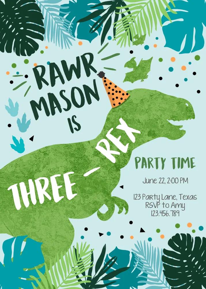 Three-Rex Dinosaur 3rd Birthday Invitation, Editable Canva Boy Dino Template