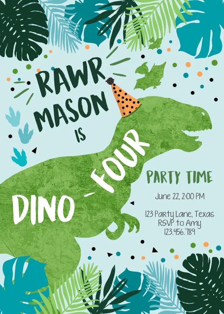 Dino-Four 4th Birthday Invitation | Editable Canva Template T-Rex Boy