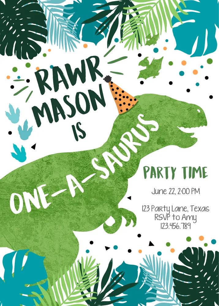 One-A-Saurus Dinosaur 1st Birthday Invitation | Canva Editable Template