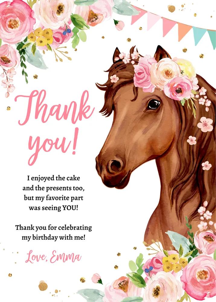 Pink Floral Cowgirl Horse Thank You Card Template - Girls Birthday