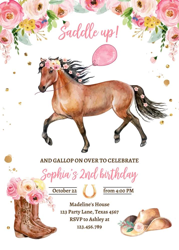 Horse Birthday Invitation Girl Cowgirl Saddle Up Canva Template Pink Floral