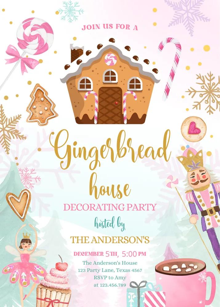 Gingerbread House Decorating Party Invitation | Pink Gold Canva Template