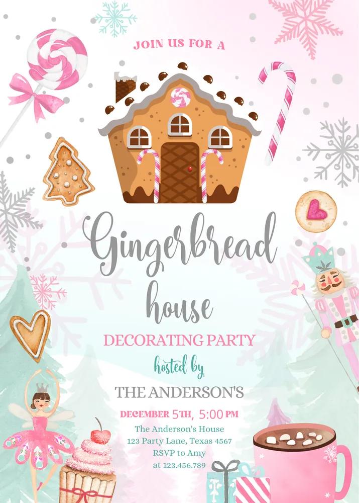 Gingerbread House Decorating Party Invitation | Pink Silver Canva Template
