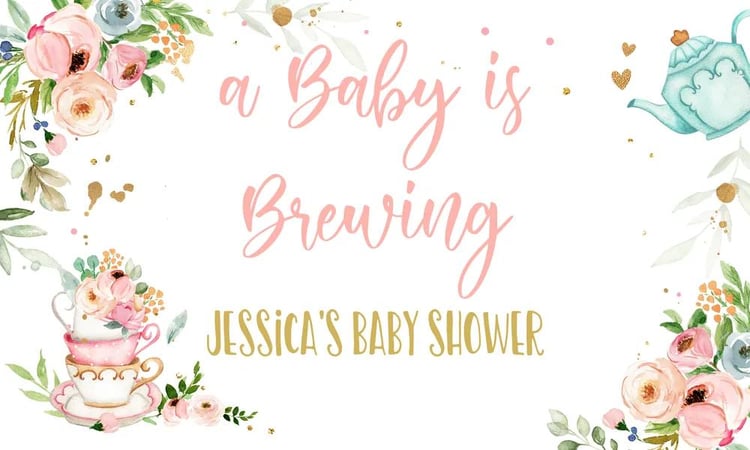 Girl Tea Party Baby Shower Backdrop Pink Gold Floral Baby is Brewing Canva