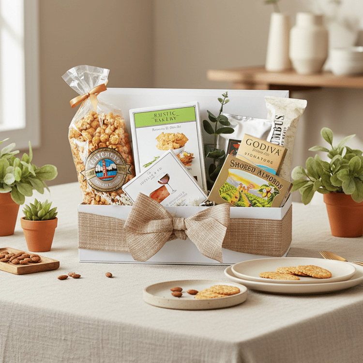 Gift box with snacks and Godiva chocolate on a table with plants and cookies.