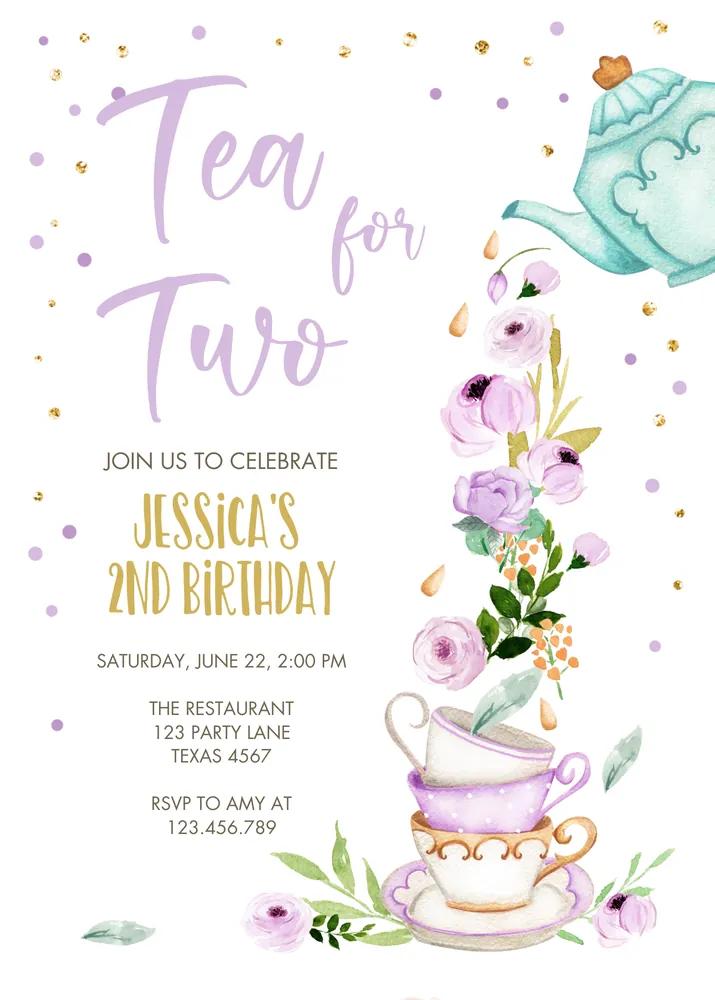 Tea for Two Birthday Invitation Canva Template Girl Pink Floral Tea Party Invite