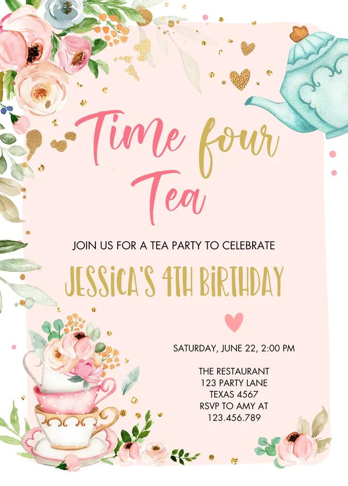 Pink Gold Floral 4th Birthday Tea Party Invitation - Editable Canva Template
