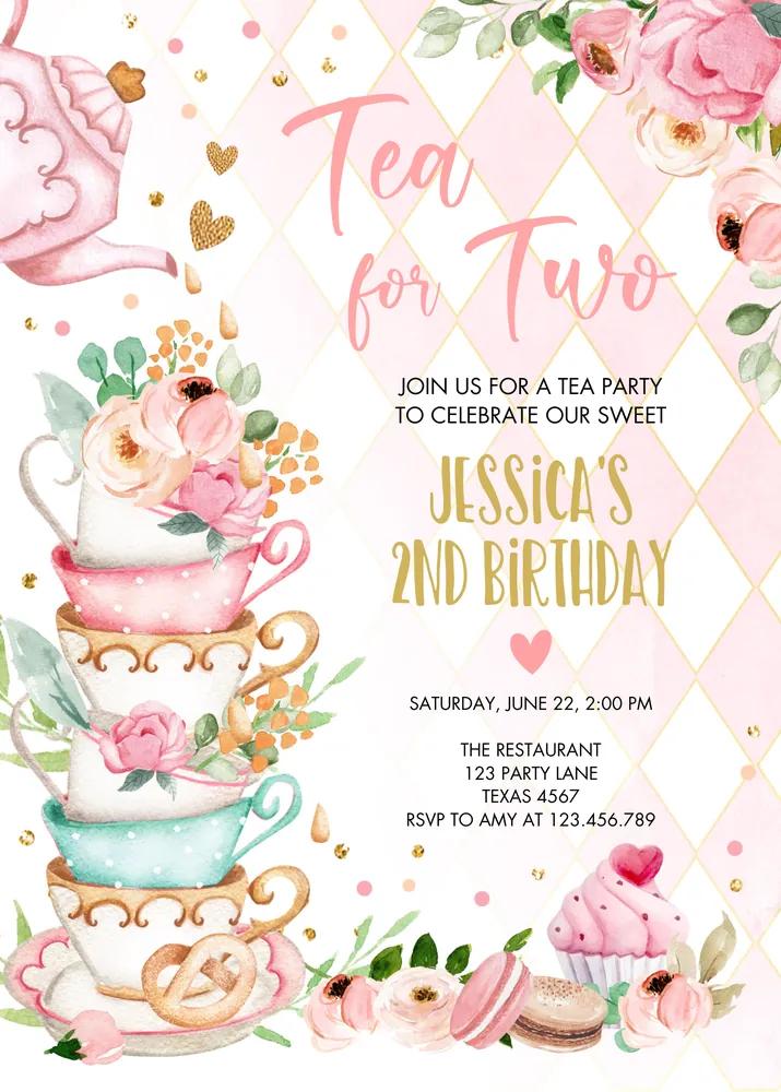 Tea for Two Birthday Invitation - Pink & Gold Floral Editable Canva Template