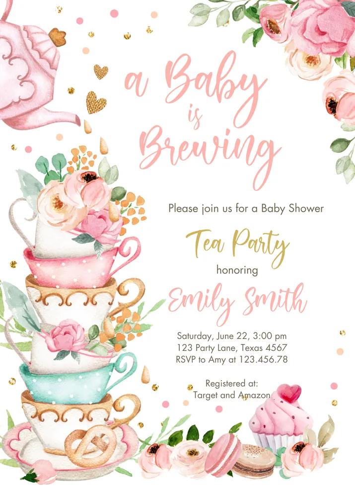 Tea Party Baby Shower Invitation | Editable Canva Template Pink Floral