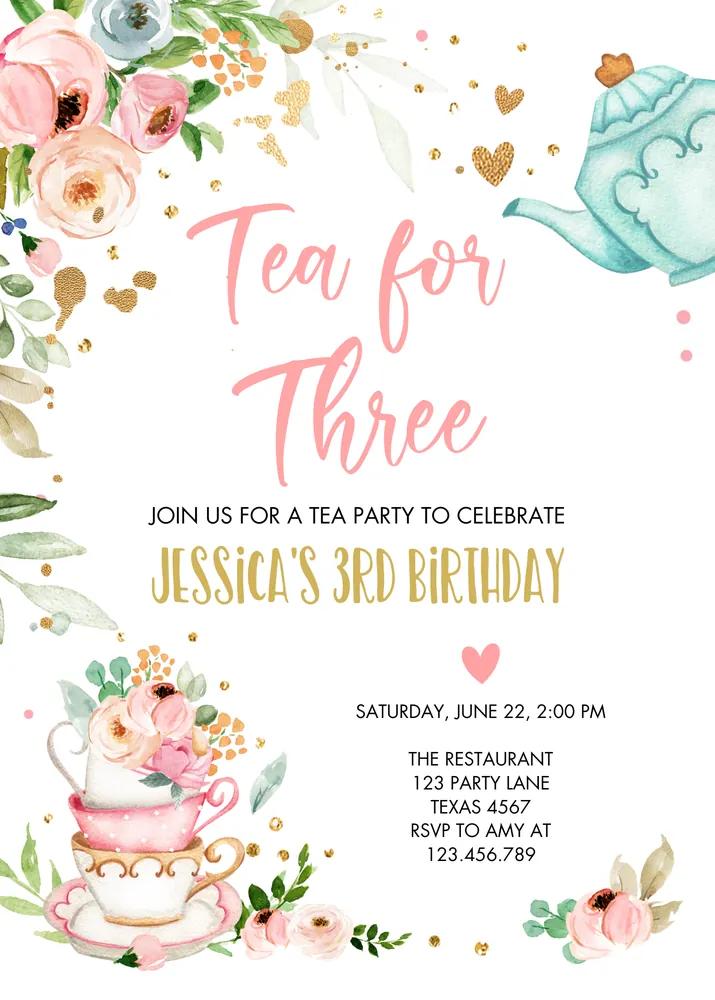 Tea for Three Birthday Invitation | Girl 3rd Birthday Par-tea Canva Template