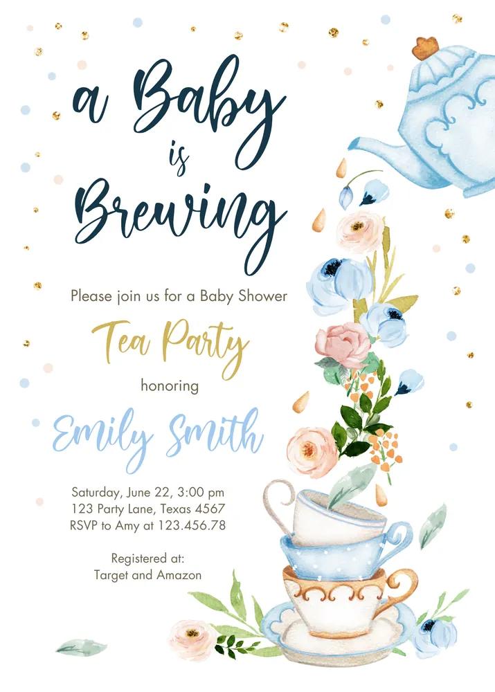 Blue Floral Tea Party Baby Shower Invitation Canva Template - Boy Tea Shower