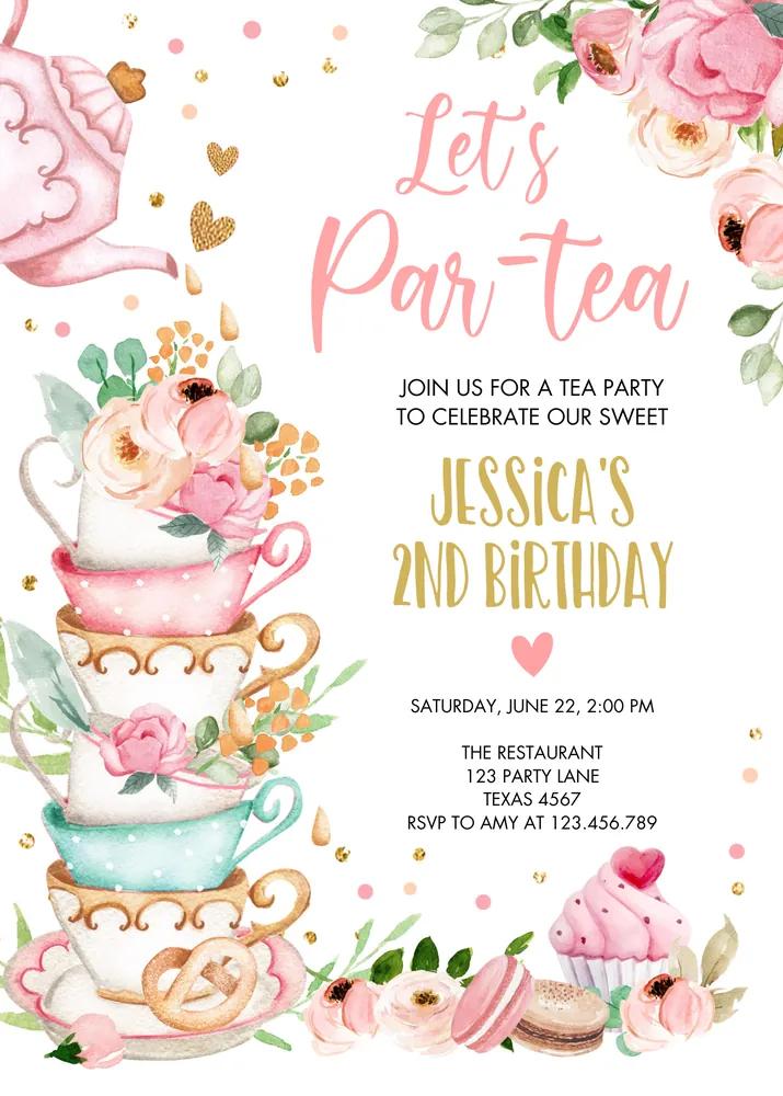 Floral Tea Party Birthday Invitation Template | Whimsical Girl Par-Tea Invite