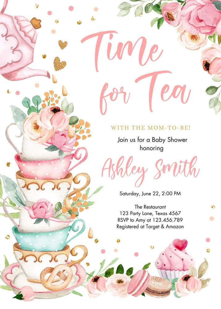 Tea Party Baby Shower Invitation Canva Template | Floral Pink Gold Baby is Brewing