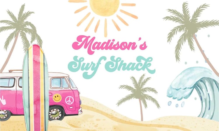Surfs Up Birthday Backdrop Banner | Editable Canva Template Pink Surf Shack