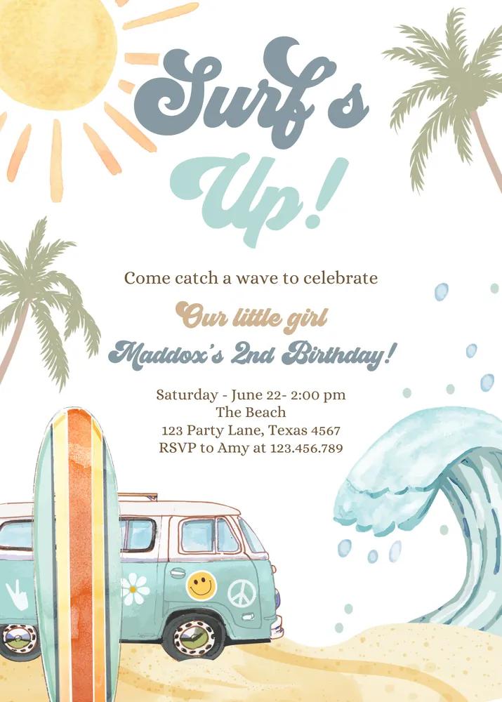 Retro Surfboard Birthday Invitation | Surfs Up Canva Template | The Big One