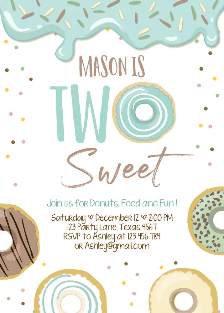 Two Sweet Donut 2nd Birthday Invitation Boy Blue Editable Canva Template