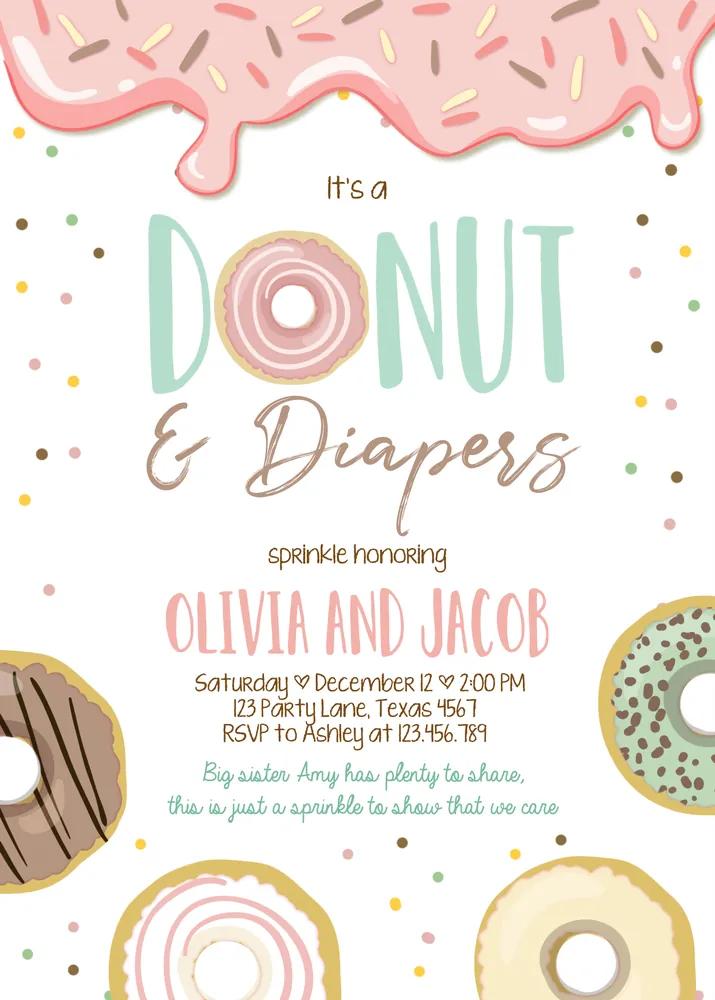 Donuts and Diapers Baby Shower Invitation | Pink Sprinkle Editable Canva Template