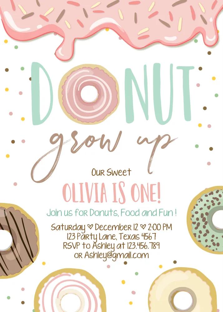 Donut Grow Up 1st Birthday Invitation Template, Girl Pink Doughnut Invite Canva
