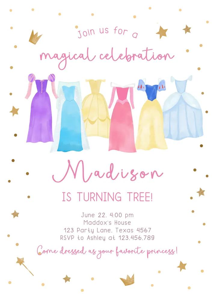 Princess Birthday Invitation - Editable Canva Template Pink Royal Dress-Up