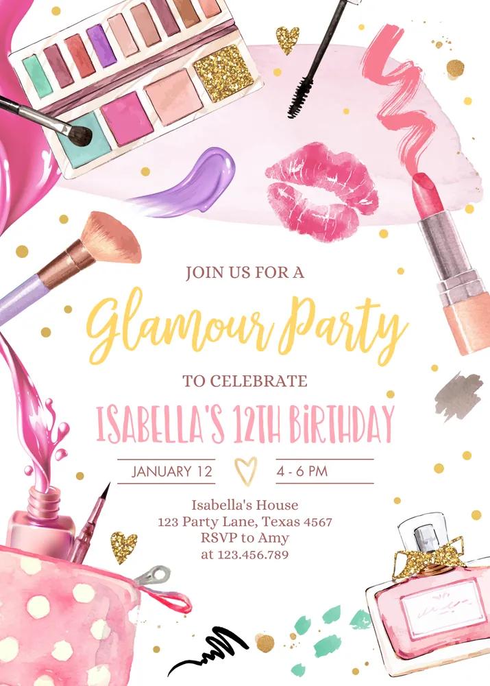 Pink Gold Glamour Birthday Invitation Canva Template Spa Makeup Party