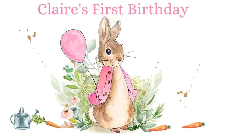 Flopsy Bunny Birthday Backdrop Template - Pink Floral Peter Rabbit Banner