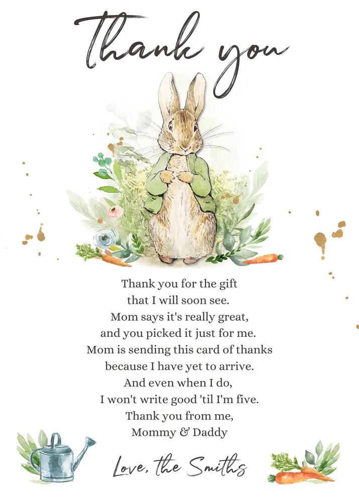 Peter Rabbit Baby Shower Thank You Card | Rustic Gender Neutral Canva Template
