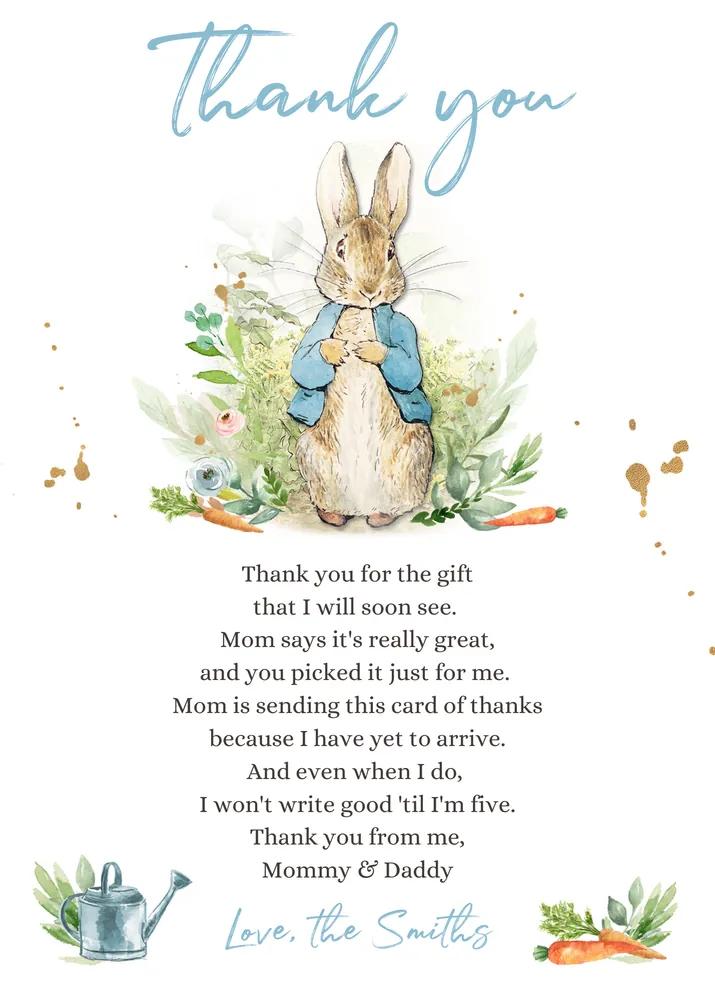 Blue Peter Rabbit Baby Shower Thank You Card - Editable Canva Template