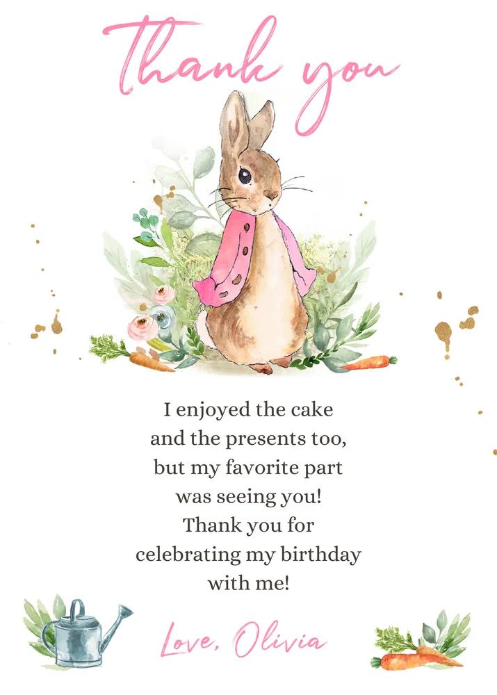 Flopsy Rabbit Birthday Thank You Card, Girl Pink Baby Shower Canva Template