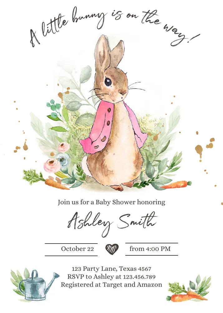 Editable Flopsy Bunny Baby Shower Invitation Pink Rustic Peter Rabbit Template