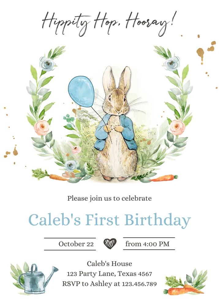 Peter Rabbit 1st Birthday Invitation | Blue Boy Rustic Canva Template